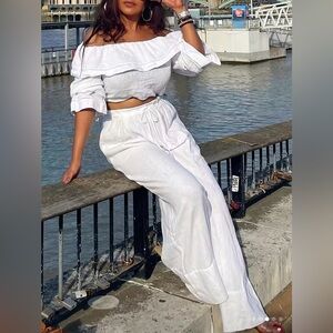 Stylish and Elegant Women's Loose Solid Color Top with Wide-Leg Pants ( 2PCS )